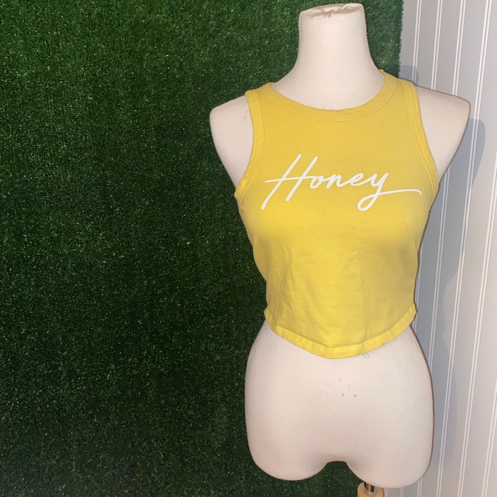 Honey Cropped Racerback Tank Top - Yellow with White Cursive